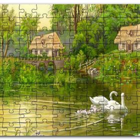 Cakapuzzle Göl Manzaralı Kulübeler Kuğu Çiftiyle Yavruları Mdf 255 Parça Puzzle