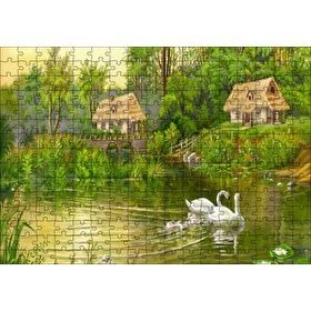 Cakapuzzle Göl Manzaralı Kulübeler Kuğu Çiftiyle Yavruları Mdf 255 Parça Puzzle