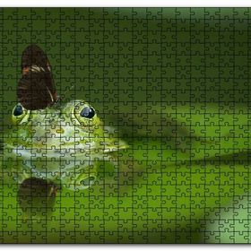 Cakapuzzle Göldeki Yeşil Kurbağa ve Üzerindeki Kelebek Mdf 120 Parça Puzzle