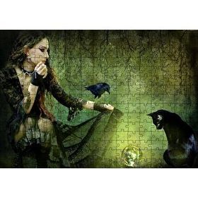 Cakapuzzle Gotik Kız Kara Kedi Karga ve Cam Küre 120 Parça Ahşap Puzzle
