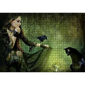 Cakapuzzle Gotik Kız Kara Kedi Karga ve Cam Küre 120 Parça Ahşap Puzzle