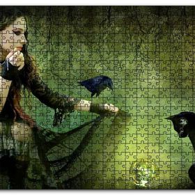 Cakapuzzle Gotik Kız Kara Kedi Karga ve Cam Küre Mdf 500 Parça Puzzle