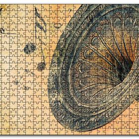 Cakapuzzle Gramofon ve Notalar Sarı Eskitme Arkaplan Mdf 1000 Parça Puzzle