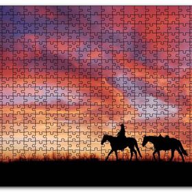 Cakapuzzle Günbatım Kovboy ve İki At Silüeti Mdf 255 Parça Puzzle