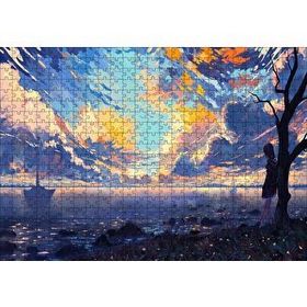 Cakapuzzle Günbatımı Deniz Yelkenliler Kız ve Alacalı Gökyüzü 120 Parça Ahşap Puzzle