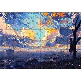 Cakapuzzle Günbatımı Deniz Yelkenliler Kız ve Alacalı Gökyüzü 120 Parça Ahşap Puzzle
