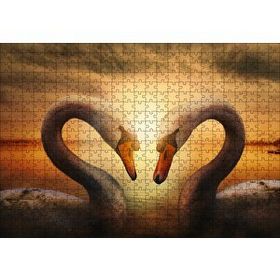 Cakapuzzle Günbatımı Göl Kuğular Kalp 120 Parça Ahşap Puzzle