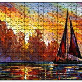 Cakapuzzle Günbatımı Kızıl Bulutlar ve Yelkenli Yağlıboya Mdf 255 Parça Puzzle