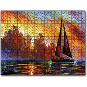 Cakapuzzle Günbatımı Kızıl Bulutlar ve Yelkenli Yağlıboya Mdf 255 Parça Puzzle