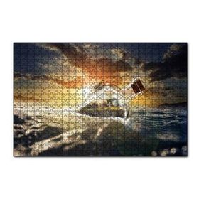 Cakapuzzle Günbatımı Okyanus Şişe Yengeç ve Kumsal Evi 120 Parça Ahşap Puzzle