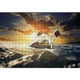 Cakapuzzle Günbatımı Okyanus Şişe Yengeç ve Kumsal Evi 120 Parça Ahşap Puzzle