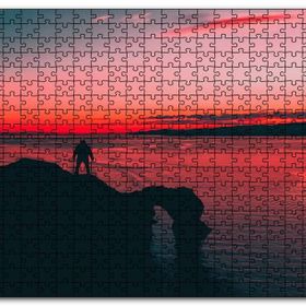 Cakapuzzle Günbatımı Sahil Kayalıklar Yalnız Adam Silüeti Mdf 255 Parça Puzzle