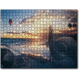 Cakapuzzle Günbatımı Sıcak Hava Balonu Sahil ve Kadın Mdf 1000 Parça Puzzle