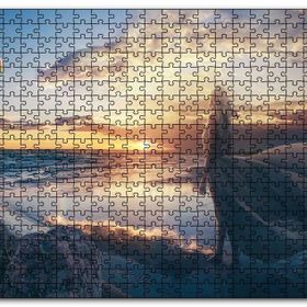 Cakapuzzle Günbatımı Sıcak Hava Balonu Sahil ve Kadın Mdf 500 Parça Puzzle