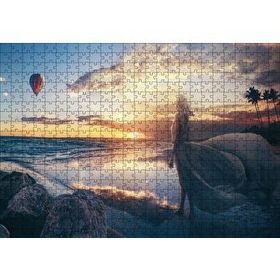 Cakapuzzle Günbatımı Sıcak Hava Balonu Sahil ve Kadın Mdf 500 Parça Puzzle