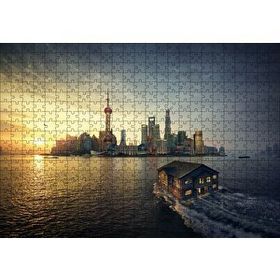 Cakapuzzle Günbatımı Yüzen Ev ve Gökdelenler 120 Parça Ahşap Puzzle