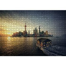 Cakapuzzle Günbatımı Yüzen Ev ve Gökdelenler 120 Parça Ahşap Puzzle