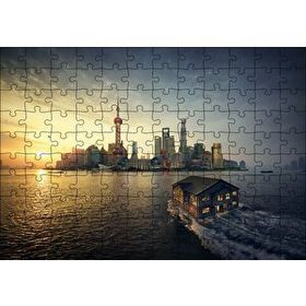 Cakapuzzle Günbatımı Yüzen Ev ve Gökdelenler 120 Parça Ahşap Puzzle