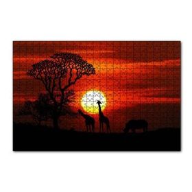 Cakapuzzle Günbatımı Zürafalar ve Gergedan Silüetleri 120 Parça Ahşap Puzzle