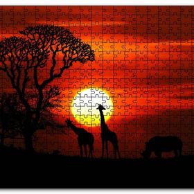 Cakapuzzle Günbatımı Zürafalar ve Gergedan Silüetleri Mdf 255 Parça Puzzle