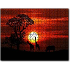 Cakapuzzle Günbatımı Zürafalar ve Gergedan Silüetleri Mdf 255 Parça Puzzle