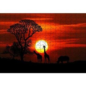 Cakapuzzle Günbatımı Zürafalar ve Gergedan Silüetleri Mdf 255 Parça Puzzle