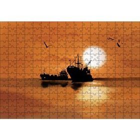 Cakapuzzle Günbatımında Balıkçı Tekneleri ve Martılar 120 Parça Ahşap Puzzle
