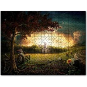 Cakapuzzle Günbatımında Bulutlar Kilise ve Çayırlar Mdf 120 Parça Puzzle