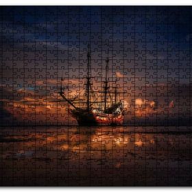 Cakapuzzle Günbatımında Dev Kalyon ve Kızıl Mor Bulutlar Mdf 120 Parça Puzzle