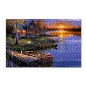 Cakapuzzle Günbatımında Göl Ağaç Ev ve Kayıklar 120 Parça Ahşap Puzzle