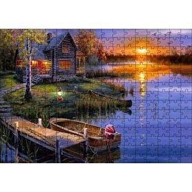 Cakapuzzle Günbatımında Göl Ağaç Ev ve Kayıklar 120 Parça Ahşap Puzzle