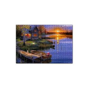 Cakapuzzle Günbatımında Göl Ağaç Ev ve Kayıklar Mdf 1000 Parça Puzzle