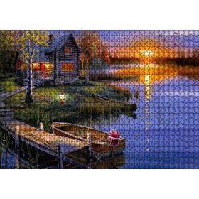 Cakapuzzle Günbatımında Göl Ağaç Ev ve Kayıklar Mdf 1000 Parça Puzzle