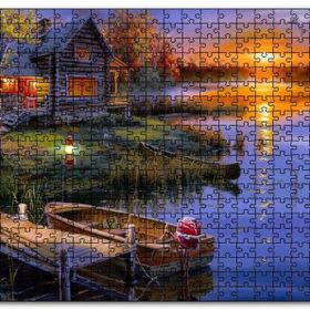 Cakapuzzle Günbatımında Göl Ağaç Ev ve Kayıklar Mdf 120 Parça Puzzle