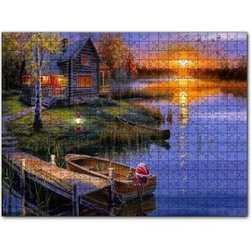 Cakapuzzle Günbatımında Göl Ağaç Ev ve Kayıklar Mdf 120 Parça Puzzle