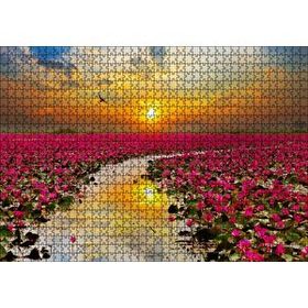 Cakapuzzle Günbatımında Gölde Pembe Çiçekler 120 Parça Ahşap Puzzle