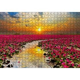 Cakapuzzle Günbatımında Gölde Pembe Çiçekler 120 Parça Ahşap Puzzle
