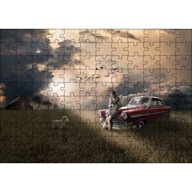 Cakapuzzle Günbatımında Kız Araba Kuzu ve Bulutlu Gökler 120 Parça Ahşap Puzzle