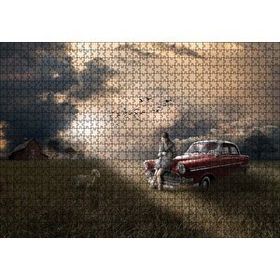 Cakapuzzle Günbatımında Kız Araba Kuzu ve Bulutlu Gökler 120 Parça Ahşap Puzzle