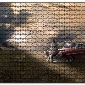 Cakapuzzle Günbatımında Kız Araba Kuzu ve Bulutlu Gökler Mdf 255 Parça Puzzle