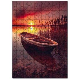 Cakapuzzle Günbatımında Kızıl Gökler ve Göldeki Sandal Mdf 1000 Parça Puzzle