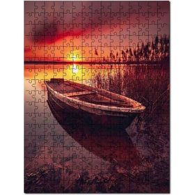 Cakapuzzle Günbatımında Kızıl Gökler ve Göldeki Sandal Mdf 1000 Parça Puzzle