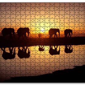 Cakapuzzle Günbatımında Nehir Kenarındaki Fil Ailesi Mdf 1000 Parça Puzzle