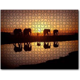 Cakapuzzle Günbatımında Nehir Kenarındaki Fil Ailesi Mdf 500 Parça Puzzle