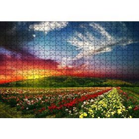 Cakapuzzle Günbatımında Tepeler ve Rengarenk Çiçekler 120 Parça Ahşap Puzzle