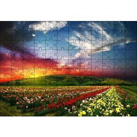 Cakapuzzle Günbatımında Tepeler ve Rengarenk Çiçekler 120 Parça Ahşap Puzzle