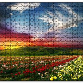 Cakapuzzle Günbatımında Tepeler ve Rengarenk Çiçekler Mdf 120 Parça Puzzle
