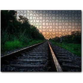 Cakapuzzle Günbatımında Tren Rayları ve Turuncu Gökler Mdf 255 Parça Puzzle