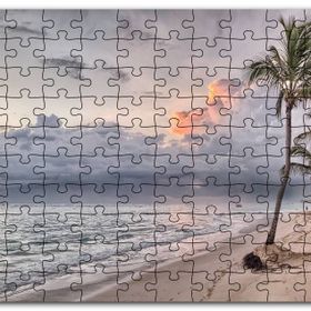 Cakapuzzle Gündoğumu Issız Kumsal Palmiyeler ve Bulutlar Mdf 120 Parça Puzzle
