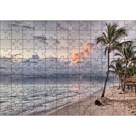 Cakapuzzle Gündoğumu Issız Kumsal Palmiyeler ve Bulutlar Mdf 120 Parça Puzzle